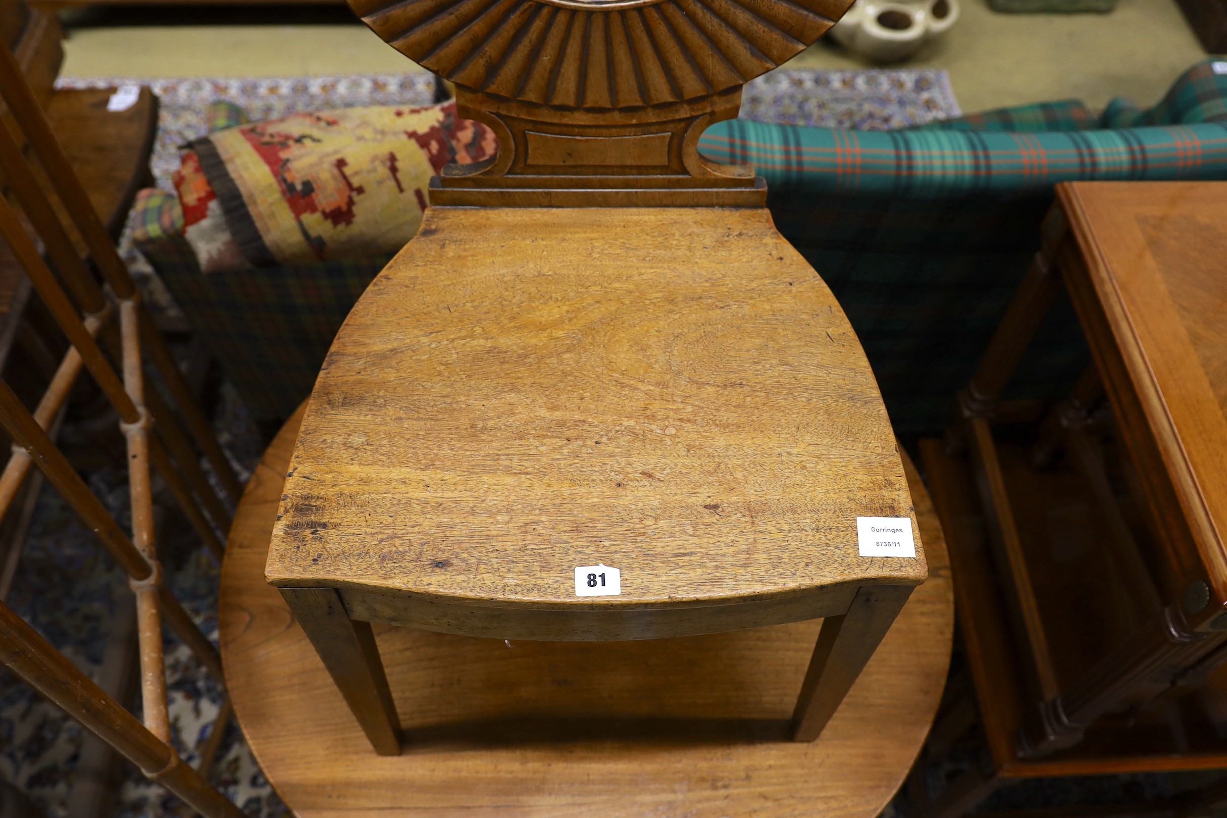 A Victorian mahogany hall chair, width 47cm, depth 40cm, height 83cm